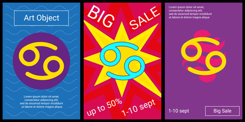 Trendy retro posters for organizing sales and other events. Large cancer zodiac symbol in the center of each poster. Vector illustration on black background
