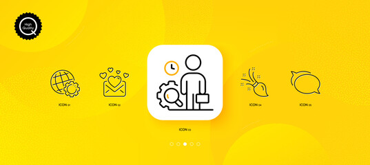 Fototapeta na wymiar Brush, Talk bubble and Love mail minimal line icons. Yellow abstract background. Inspect, Globe icons. For web, application, printing. Art brush, Chat message, Valentines letter. Work quality. Vector