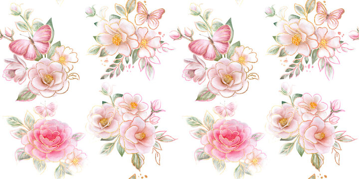 golden seamless pattern camellia, roses floral  pink, white flowers with leaves, vignette isolated on white background. Bouquet. Templates. Watercolor. Illustration. Hand drawing. Greeting card design