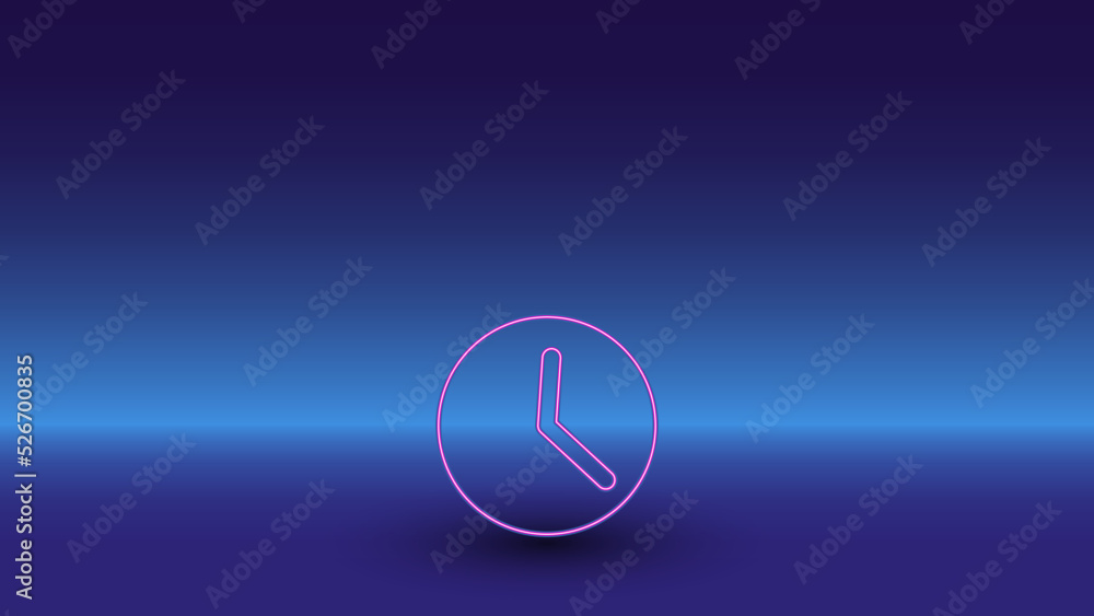 Poster neon time symbol on a gradient blue background. the isolated symbol is located in the bottom center.