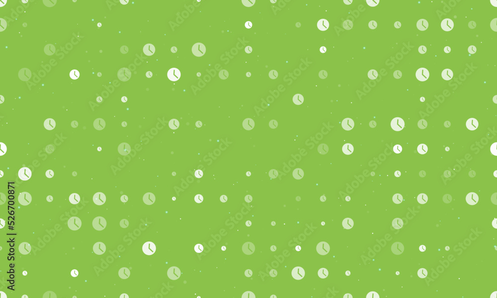 Poster seamless background pattern of evenly spaced white time symbols of different sizes and opacity. vect