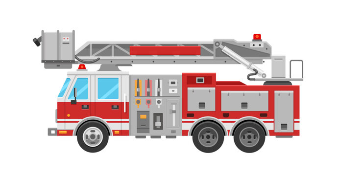 Red fire truck to put out a fire in a flat style. Vector illustration of an emergency vehicle on a white background.