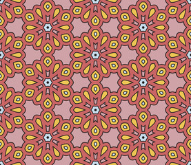 Abstract colorful doodle hexagon seamless pattern. Geo shape  background. Mosaic, tile of thin line ornament.