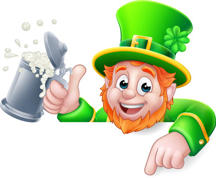 Leprechaun St Patricks Day Pointing Drink Cartoon