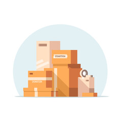 Pile of cardboard boxes for donations and charities. Flat style vector illustration isolated on a white background.