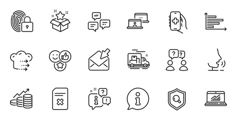 Outline set of Info, Inspect and Chat messages line icons for web application. Talk, information, delivery truck outline icon. Include Delete file, Like, Loyalty program icons. Vector