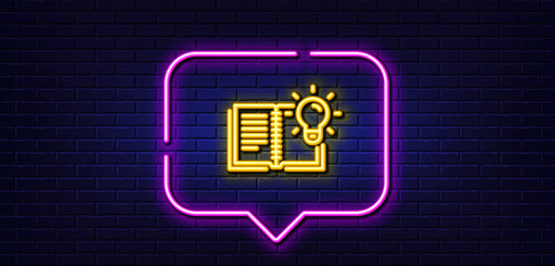 Neon light speech bubble. Product knowledge line icon. Education process sign. Neon light background. Product knowledge glow line. Brick wall banner. Vector