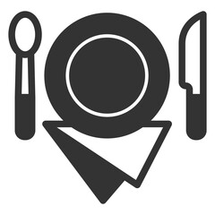 Spoon, fork, plate and napkin, table setting - icon, illustration on white background, glyph style