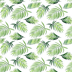 Naklejka na ściany i meble Watercolor palm leaf seamless pattern on white background. Hand drawing kentia or parlor plant illustration. Perfect for home design, print, card.