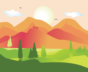 Obraz premium Mountain landscape vector illustration. Cartoon flat panorama spring summer beautiful nature, green forest, beautiful pine trees and mountains on horizon background Vector Format