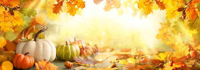Foto op Plexiglas Thanksgiving of herfstscène met pompoenen, herfstbladeren en bessen op houten tafel. © Svetlana Kolpakova