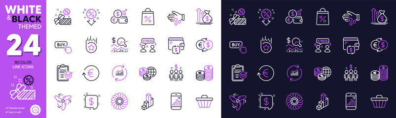Exchange currency, Wallet and Discount line icons for website, printing. Collection of 3d chart, Shop cart, Meeting icons. Fan engine, Donation money, Wind energy web elements. Vector