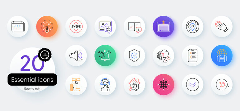 Simple set of Swipe up, Calendar and Security shield line icons. Include Scroll down, Idea, Internet documents icons. International globe, Like photo, Manual web elements. Fingerprint. Vector
