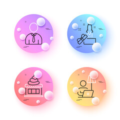 Floor lamp, Ice cream and Human minimal line icons. 3d spheres or balls buttons. Innovation icons. For web, application, printing. Electric light, Sundae, Person profile. Crowdfunding. Vector