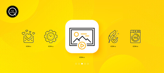 Fototapeta na wymiar Hypoallergenic tested, Love mail and Start presentation minimal line icons. Yellow abstract background. Time management, Dryer machine icons. For web, application, printing. Vector