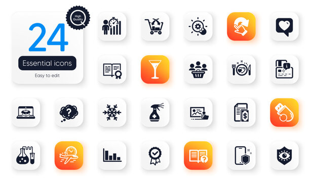 Set of Business flat icons. Phone protect, Eye protection and Certificate elements for web application. Payment, Heart, Medical cleaning icons. Card, Flight time, Help elements. Vector
