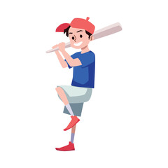 Child boy beating with baseball bat, flat vector illustration isolated on white background.