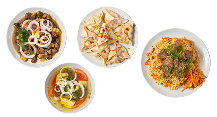 central asian cuisine manty, plov, kuyrdak, shurpa, kazakh cuisine dishes png, kazakh cuisine set