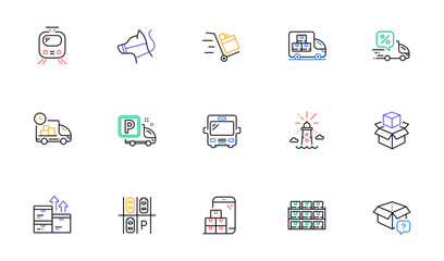 Bus, Secret package and Boxes shelf line icons for website, printing. Collection of Parking place, Mobile inventory, Truck parking icons. Delivery, Train, Lighthouse web elements. Vector
