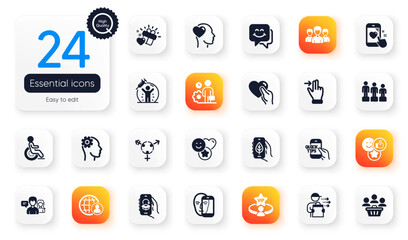 Set of People flat icons. Touchscreen gesture, People talking and Friend elements for web application. Face biometrics, Group, Food delivery icons. Hold heart, Disability, Love gift elements. Vector