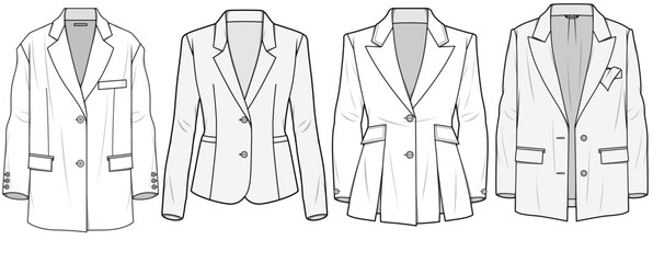 Two Button blazer, Front Slits Blazer, Double Breasted Blazer,  Sets Fashion Illustration, Vector, CAD, Technical Drawing, Flat Drawing, Template, Mockup.