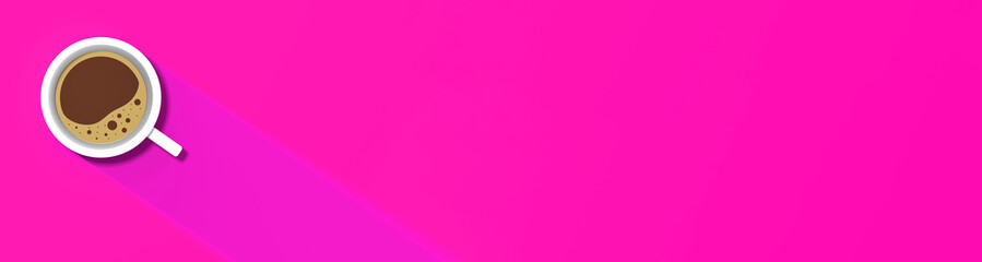 a white cup of coffee on pink background. long shadow from cup. invigorating drink. banner for insertion into site. Place for text cope space. 3D image. 3D rendering.