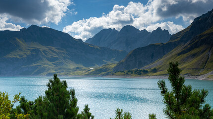Naklejka premium Lünersee, is a small alpine lake in the state of Vorarlberg, in the far west of Austria