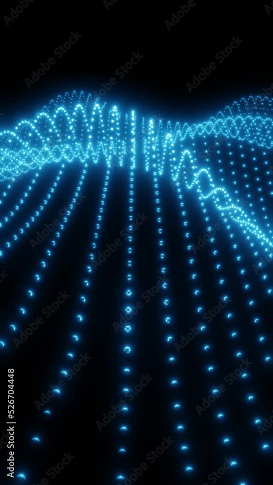 Poster Vertical 3D rendered loop video with moving dots connection. Waves in neon glowing light background. Abstract blue network looped tunnel. Digitally seamless motion animation wallpaper