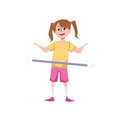 Happy girl twisting hula hoop, flat vector illustration isolated on white background.