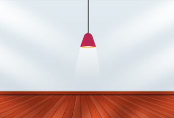 An image of an empty room with a modern lamp,