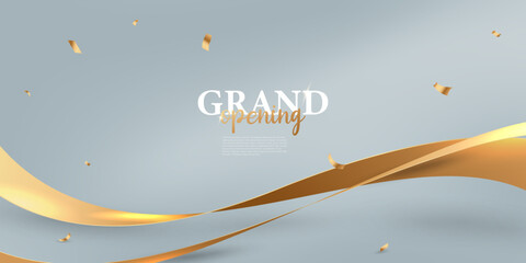 Design a launch card with a gold ribbon with confetti. vector illustration business banner template