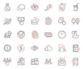 Business icons set. Included icon as Cherry, Loan and Report web elements. Correct checkbox, Computer cables, Leaf icons. Lock, Quiz test, Mail correspondence web signs. People chatting. Vector