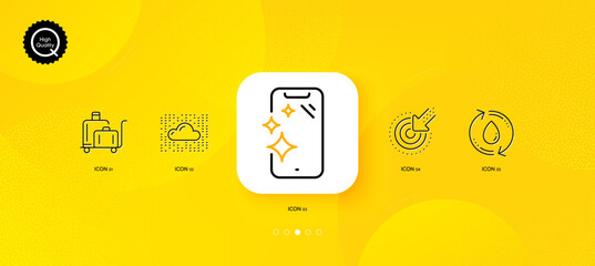 Fototapeta na wymiar Cloud system, Refill water and Smartphone clean minimal line icons. Yellow abstract background. Targeting, Luggage trolley icons. For web, application, printing. Vector