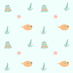 Funny children's pattern with octopuses and fish. Cartoon nautical pattern for children's textiles, clothes, wrapping paper, wallpaper, stationery.