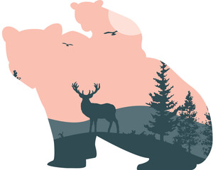 Vector double exposure illustration of a grizzly bear in the wild. Print, sticker, poster, vector elements.