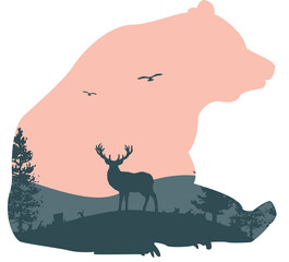 Vector double exposure illustration of a grizzly bear in the wild. Print, sticker, poster, vector elements.