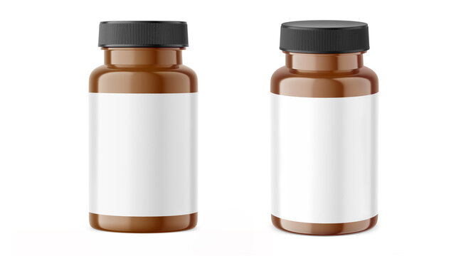 Jar for pills. Brown bottle mockup with blank label. 3d render