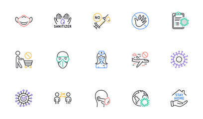 Coronavirus line icons set. Medical mask, washing hands hygiene, protective glasses. Stay home, hands sanitizer, coronavirus epidemic mask icons. Covid-19 virus pandemic, no vaccine. Vector