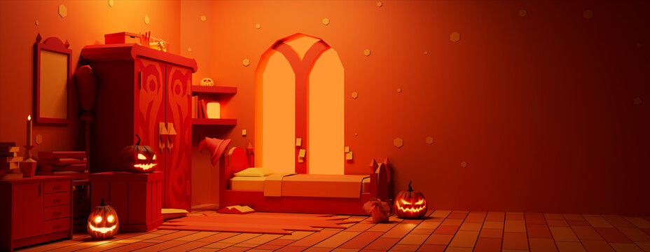 Low Polygon Halloween Illustration with Bed, Wizard's Hat and Jack O' Lanterns. Halloween background with copy-space.