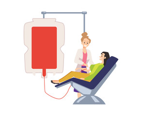 Blood donation concept, woman sitting in chair with medical drip, flat vector illustration isolated on white background.