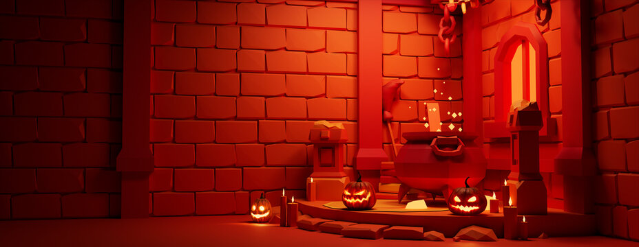 Fun Halloween Room Scene with Jack O' Lanterns, Cauldron and Candles. Halloween background with copy-space.