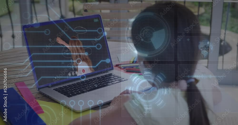 Poster animation of round scanner and microprocessor connections against girl having a video call on laptop