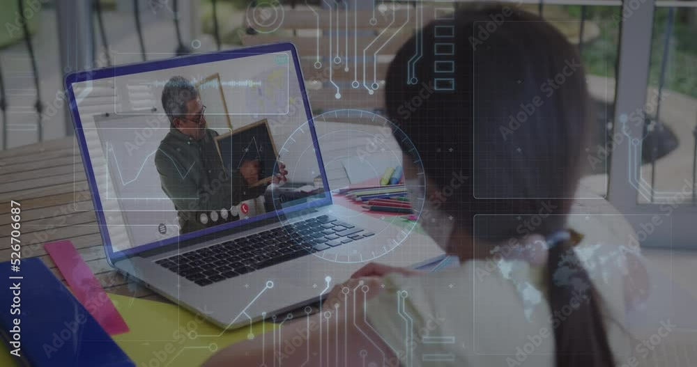Poster animation of round scanner and microprocessor connections against girl having a video call on laptop