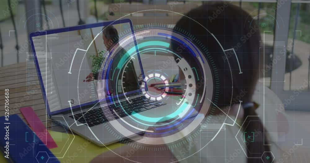 Poster animation of round scanner and data processing over rear view of girl having a video call on laptop