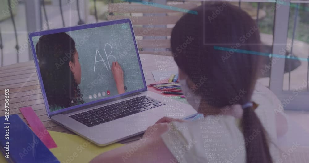 Poster animation of data processing over rear view of girl wearing face mask having a video call on laptop