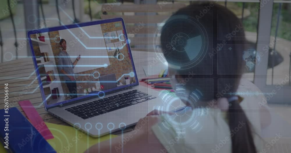 Poster animation of round scanner and microprocessor connections against girl having a video call on laptop