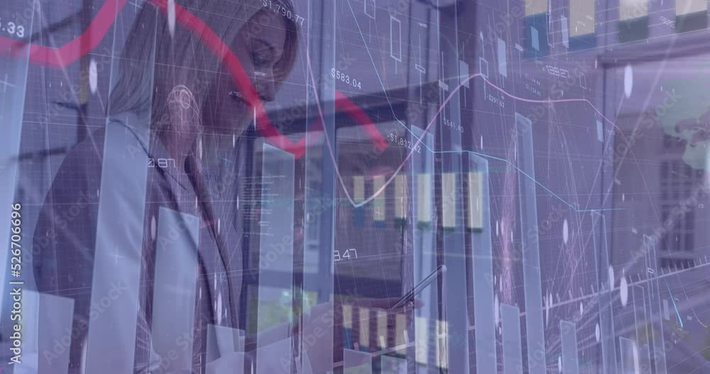Poster animation of statistical data processing over caucasian businesswoman using smartphone at office