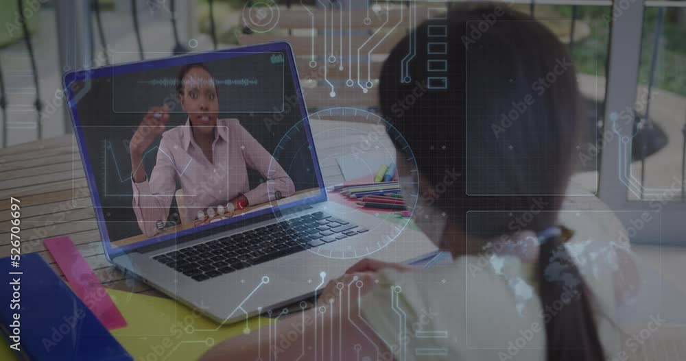 Poster animation of round scanner and microprocessor connections against girl having a video call on laptop