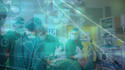Animation of illuminated networks connects and medical data over caucasian surgeons in hospital - Powered by Adobe