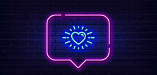 Neon light speech bubble. Heart line icon. Love emotion sign. Valentine day symbol. Neon light background. Heart glow line. Brick wall banner. Vector